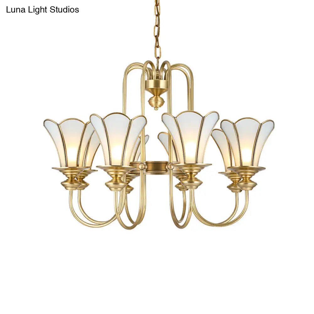 Colonial Flower White Chandelier With Gold Accents & Frosted Glass Pendants - 8-Light Ceiling