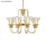 Colonial Flower White Chandelier With Gold Accents & Frosted Glass Pendants - 8-Light Ceiling