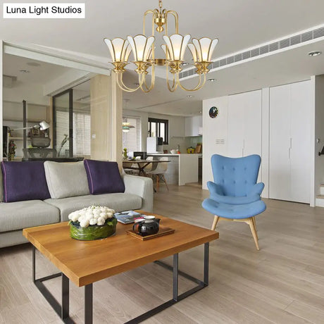 Colonial Flower White Chandelier With Gold Accents & Frosted Glass Pendants - 8-Light Ceiling