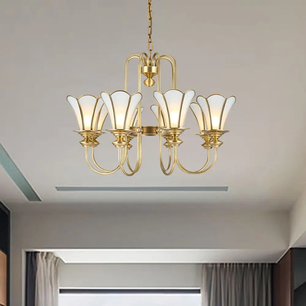Colonial Flower White Chandelier With Gold Accents & Frosted Glass Pendants - 8-Light Ceiling