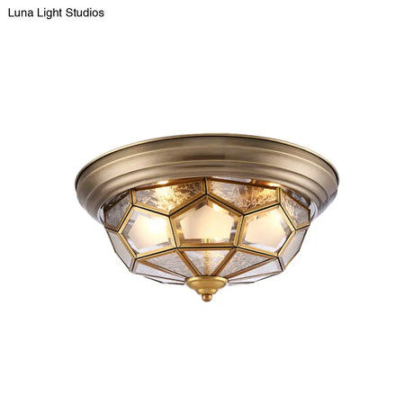 Colonial Frosted Glass Brass Ceiling Flush Mount Lamp With 3 Faceted Heads For Bedroom