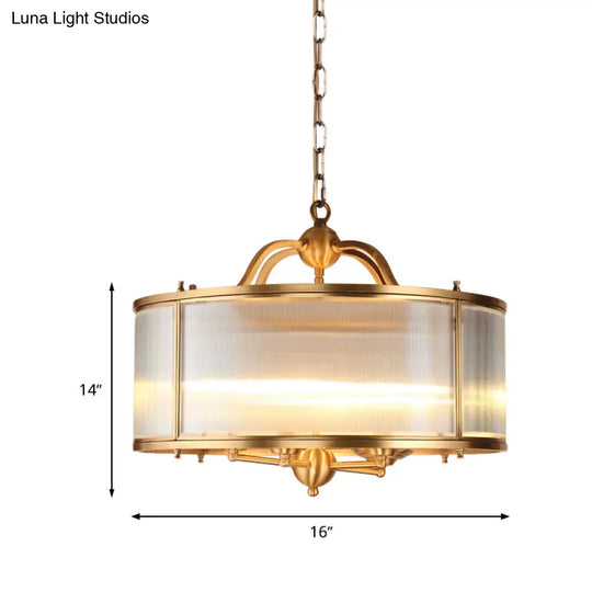 Colonial Frosted Ribbed Glass Drum Kitchen Chandelier - 4/5 Heads Gold Hanging Light Fixture