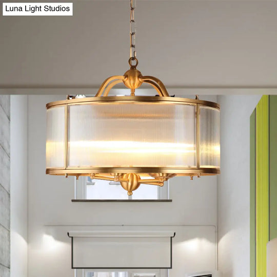 Colonial Frosted Ribbed Glass Drum Kitchen Chandelier - 4/5 Heads Gold Hanging Light Fixture
