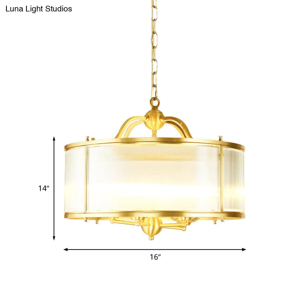 Colonial Frosted Ribbed Glass Drum Kitchen Chandelier - 4/5 Heads Gold Hanging Light Fixture