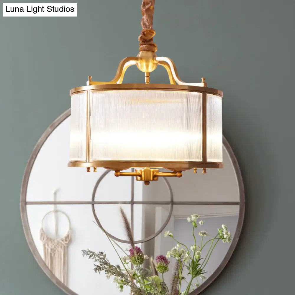 Colonial Frosted Ribbed Glass Drum Kitchen Chandelier - 4/5 Heads Gold Hanging Light Fixture 4 /