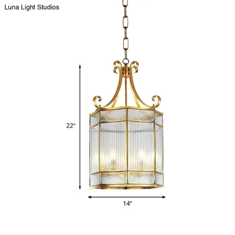 Colonial Gold Clear Prismatic Glass Chandelier - 22/23 H Cylinder Pendant Lamp 4 Bulbs Ideal For