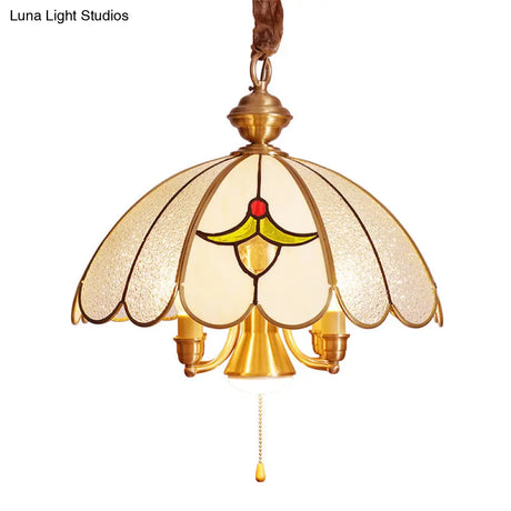 Colonial Gold Frosted Glass Chandelier - 5 Bulbs Scallop Pendant Lamp For Study Room