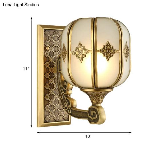 Colonial Gold Lantern Wall Sconce Light With Frosted Glass - Single Bulb Bedroom Lamp