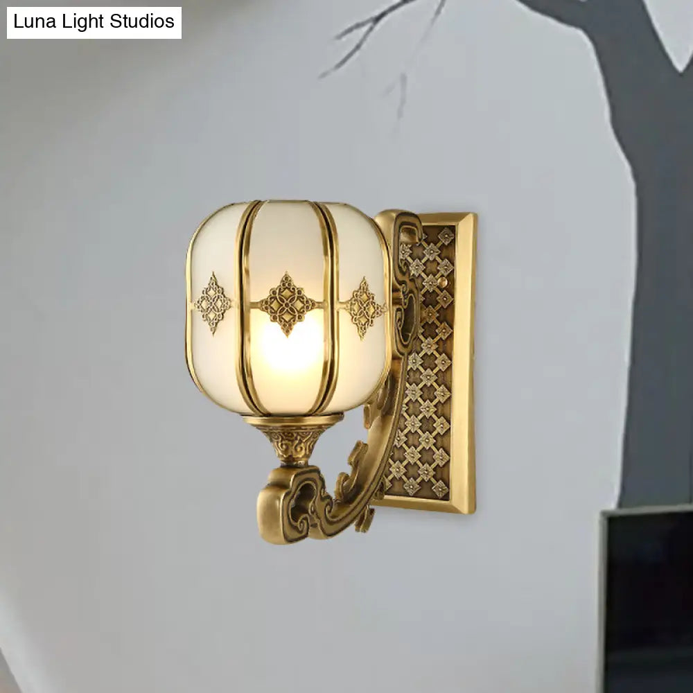 Colonial Gold Lantern Wall Sconce Light With Frosted Glass - Single Bulb Bedroom Lamp