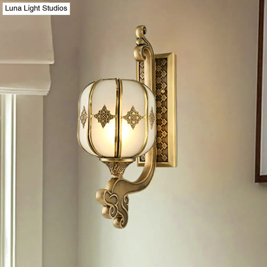 Colonial Gold Lantern Wall Sconce Light With Frosted Glass - Single Bulb Bedroom Lamp