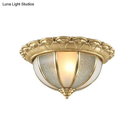 Colonial Gold & White Flush Ceiling Light With Textured Glass - 2-Bulb Domed Mount