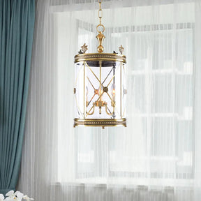 Colonial-Inspired Triple Head Clear Glass Chandelier In Gold - Cylindrical Pendant Lighting Fixture