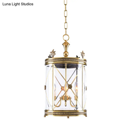 Colonial-Inspired Triple Head Clear Glass Chandelier In Gold - Cylindrical Pendant Lighting Fixture