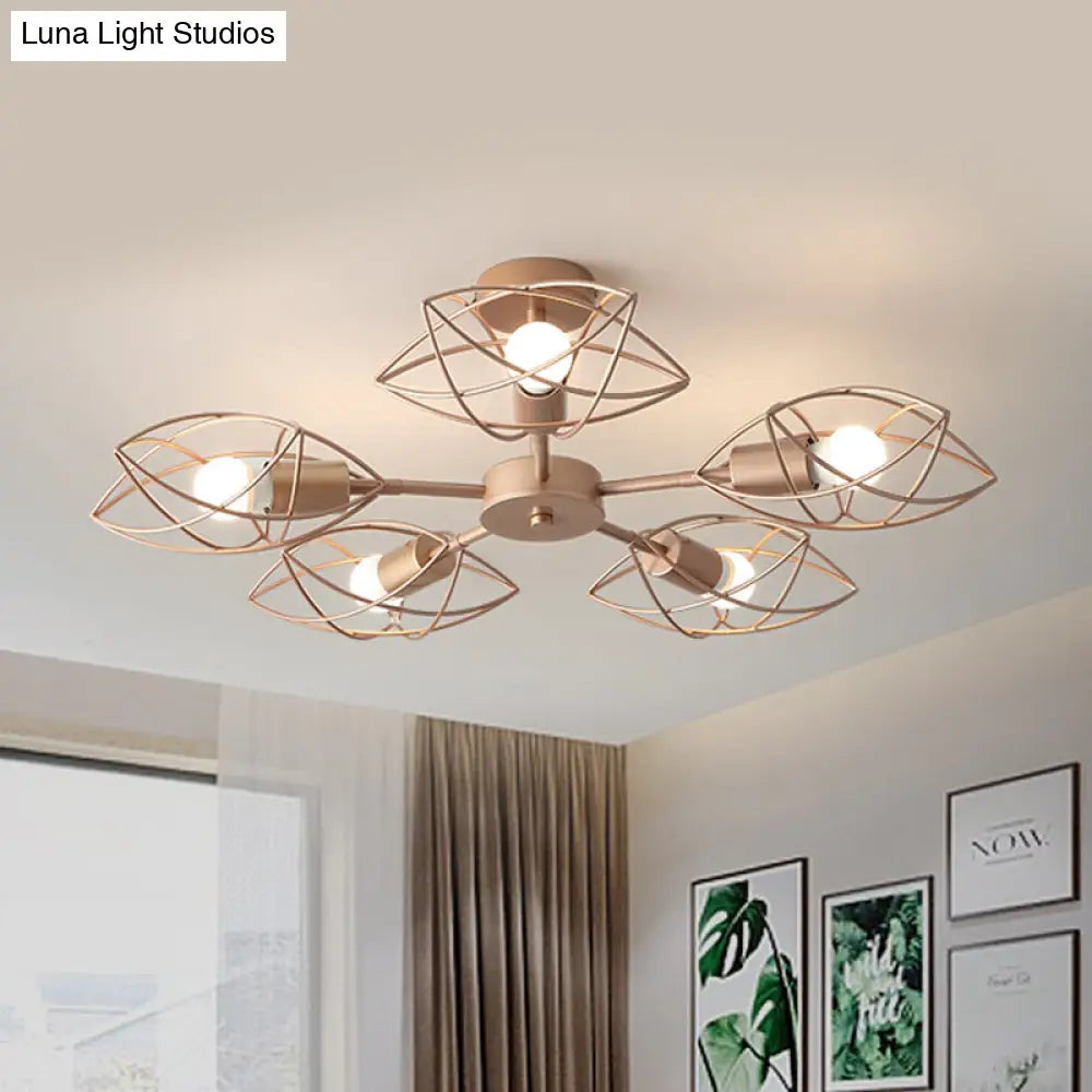 Colonial Iron Star Cage Gold Semi Flush Mount - 5-Light Close To Ceiling Lighting Fixture For