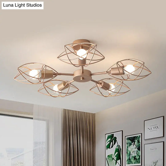 Colonial Iron Star Cage Gold Semi Flush Mount - 5-Light Close To Ceiling Lighting Fixture For