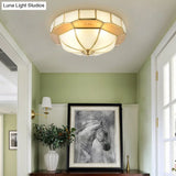 Colonial Milky Glass Bowl Ceiling Fixture 3/4-Bulb Living Room Flush Mount Lamp In Brass