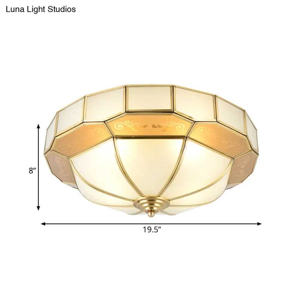 Colonial Milky Glass Bowl Ceiling Fixture 3/4-Bulb Living Room Flush Mount Lamp In Brass