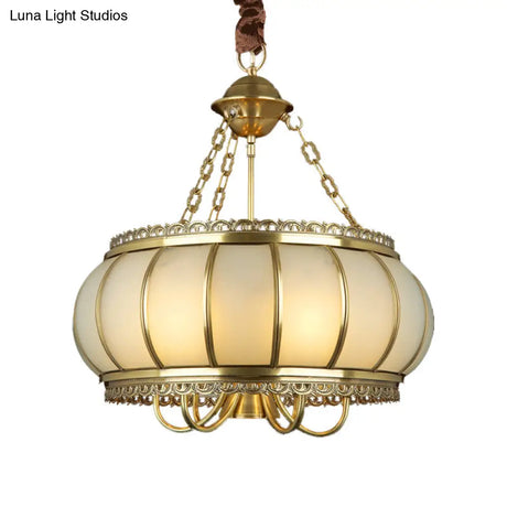 Colonial Opal Blown Glass Drum Pendant Chandelier - Brass 4 Heads Living Room Ceiling Light
