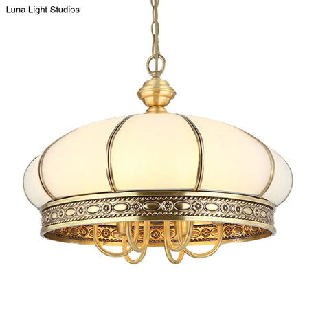 Colonial Oval Hanging Pendant Chandelier With 6 Frosted White Glass Shades In Gold