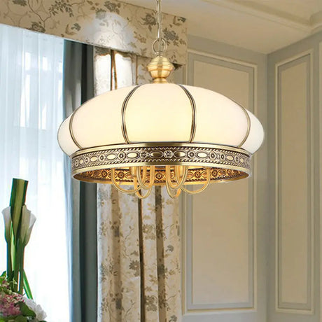 Colonial Oval Hanging Pendant Chandelier With 6 Frosted White Glass Shades In Gold