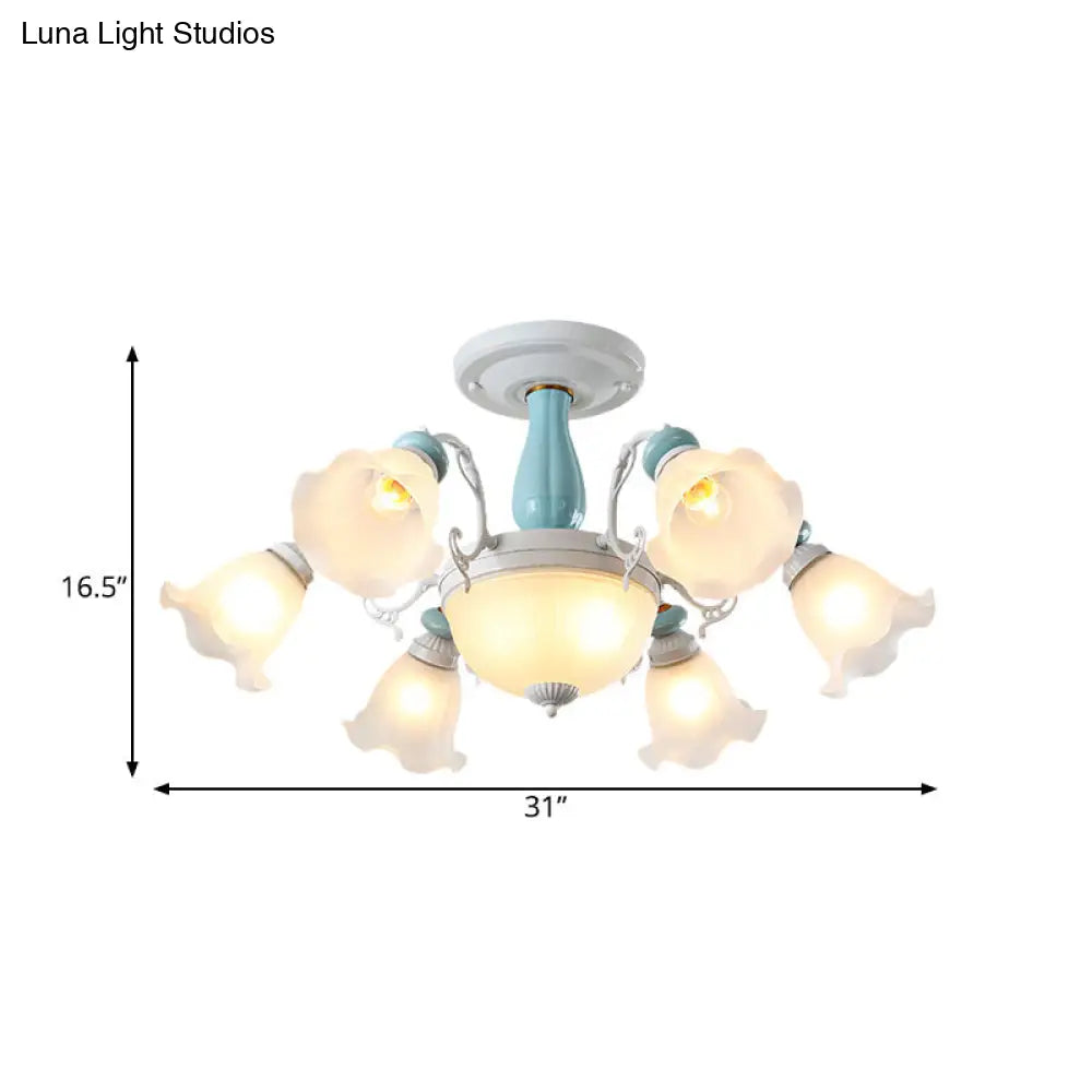 Colonial Style 8-Bulb Flower White Glass Semi Flush Ceiling Lamp With Ceramic Detail - Elegant