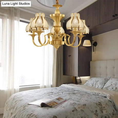 Colonial Style Gold Chandelier With Opal-White Glass Shades - 5/6 Heads