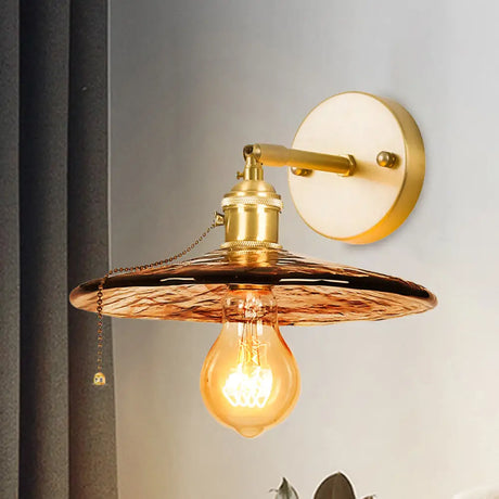 Colonial Wall Sconce In Tan Glass With Gold Saucer/Funnel Design - Bedroom Lighting Fixture / C