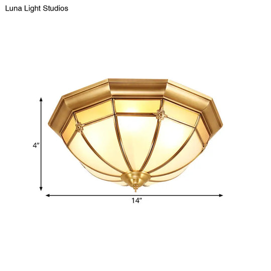 Colonial White Glass Dome Ceiling Light Fixture For Bedroom - Brass Flush Mount 3/4/6 Heads