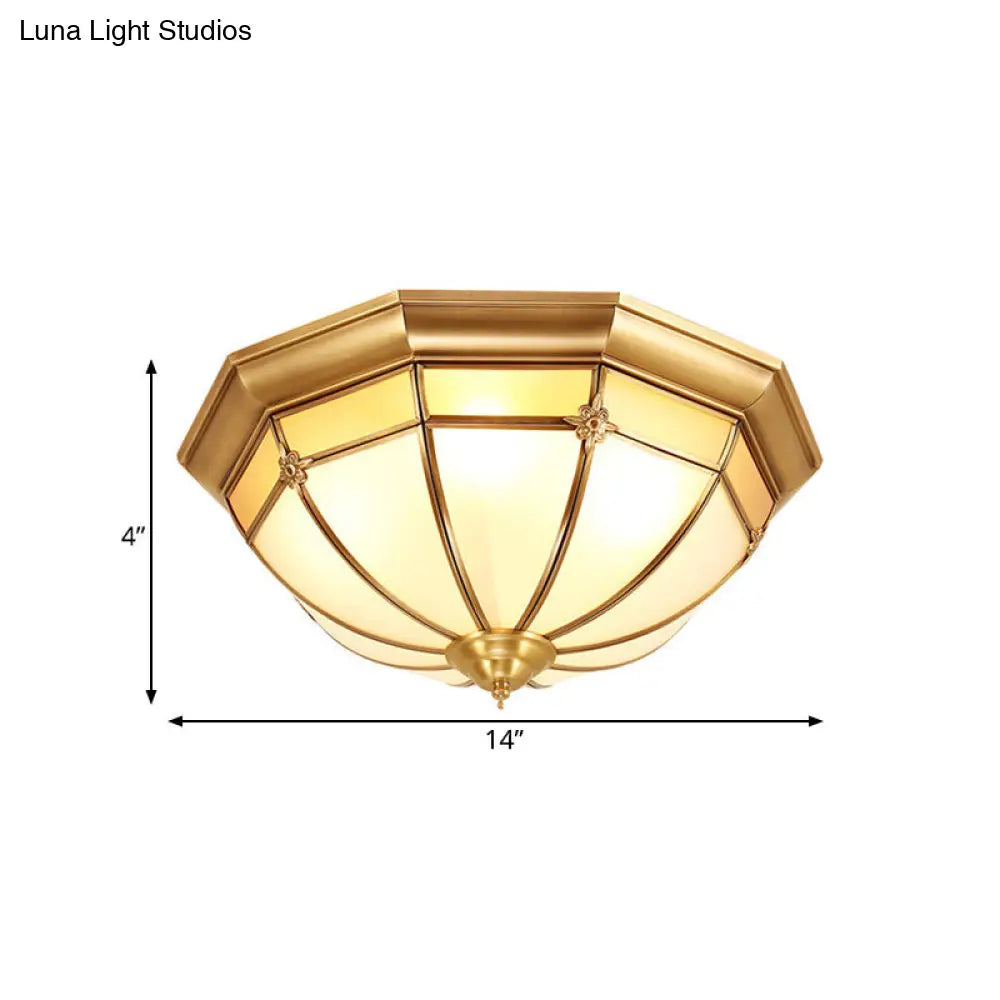 Colonial White Glass Dome Ceiling Light Fixture For Bedroom - Brass Flush Mount 3/4/6 Heads