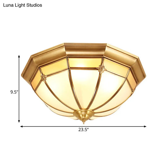 Colonial White Glass Dome Ceiling Light Fixture For Bedroom - Brass Flush Mount 3/4/6 Heads