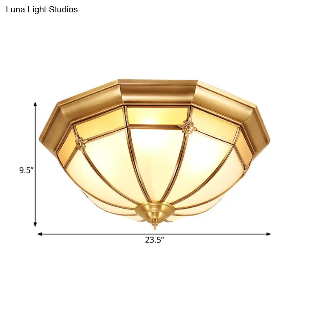 Colonial White Glass Dome Ceiling Light Fixture For Bedroom - Brass Flush Mount 3/4/6 Heads