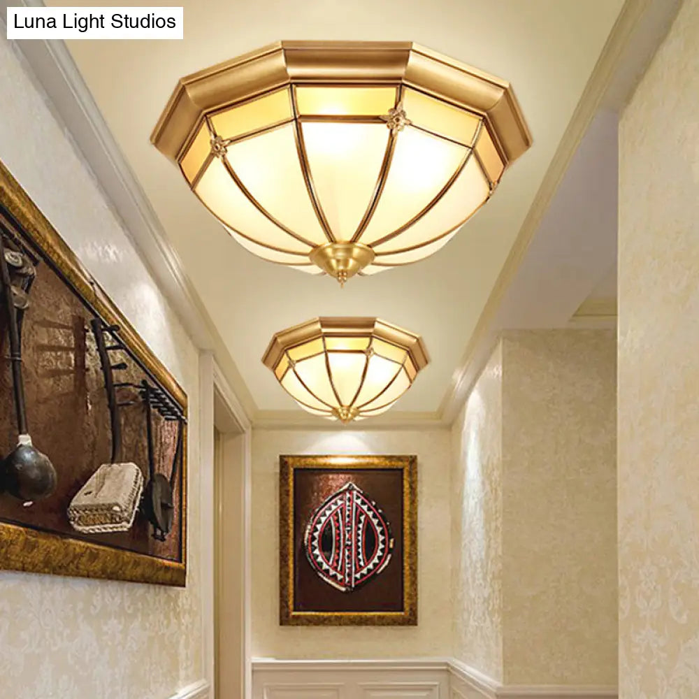 Colonial White Glass Dome Ceiling Light Fixture For Bedroom - Brass Flush Mount 3/4/6 Heads