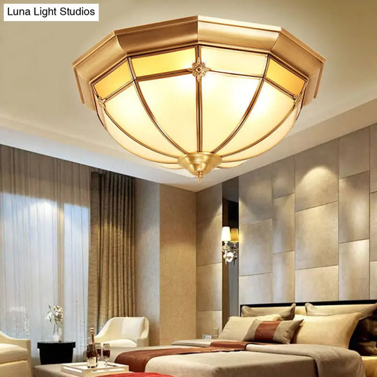 Colonial White Glass Dome Ceiling Light Fixture For Bedroom - Brass Flush Mount 3/4/6 Heads