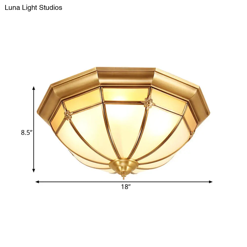Colonial White Glass Dome Ceiling Light Fixture For Bedroom - Brass Flush Mount 3/4/6 Heads