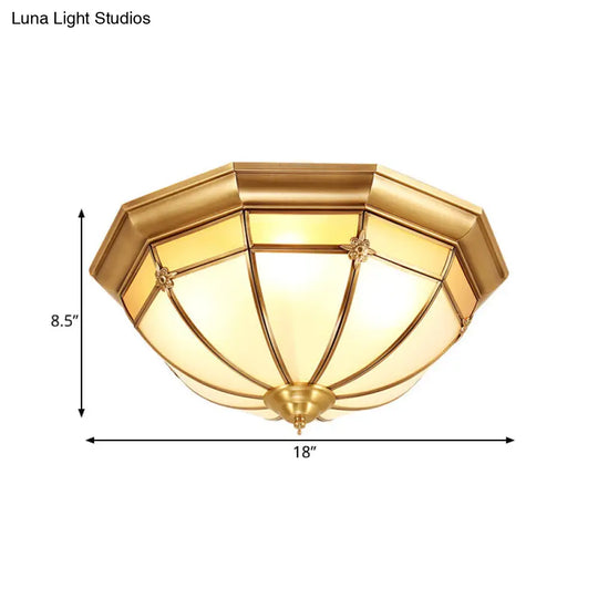 Colonial White Glass Dome Ceiling Light Fixture For Bedroom - Brass Flush Mount 3/4/6 Heads