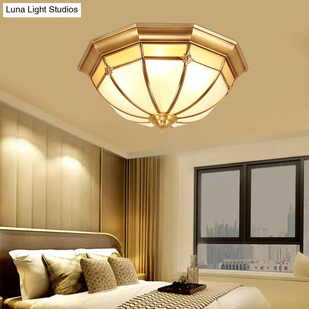 Colonial White Glass Dome Ceiling Light Fixture For Bedroom - Brass Flush Mount 3/4/6 Heads