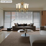 Colonial White Glass Floral Chandelier Light With Gold Accent - 3/6/8 Head Living Room Hanging Lamp