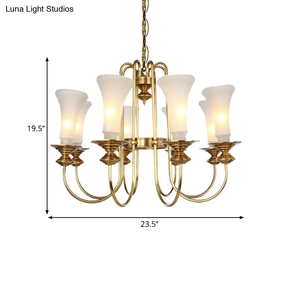 Colonial White Glass Floral Chandelier Light With Gold Accent - 3/6/8 Head Living Room Hanging Lamp