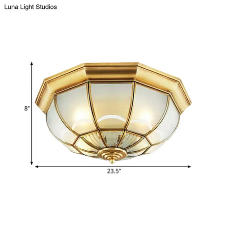 Colonialist Flush Mount Lamp For Bedroom - Frosted Glass Brass Ceiling Dome (3/4/6 Heads)