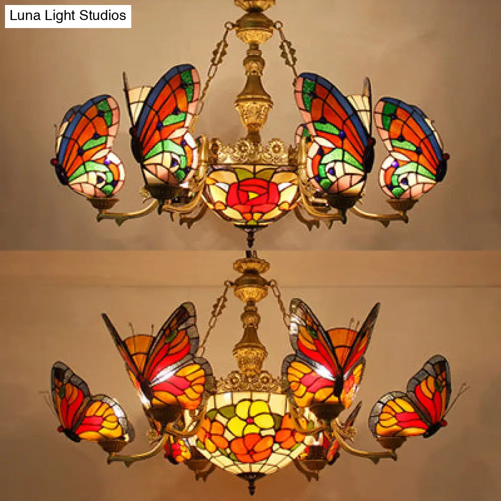 Colorful Glass Butterfly Chandelier With Red Flower/Rose Dome Shade For Staircase
