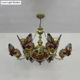 Colorful Glass Butterfly Chandelier With Red Flower/Rose Dome Shade For Staircase