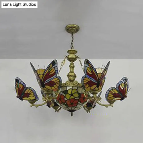 Colorful Glass Butterfly Chandelier With Red Flower/Rose Dome Shade For Staircase