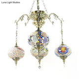 Colorful Glass Lantern Chandelier With Hanging Suspension - 4 Bulb Brass Light For Living Room