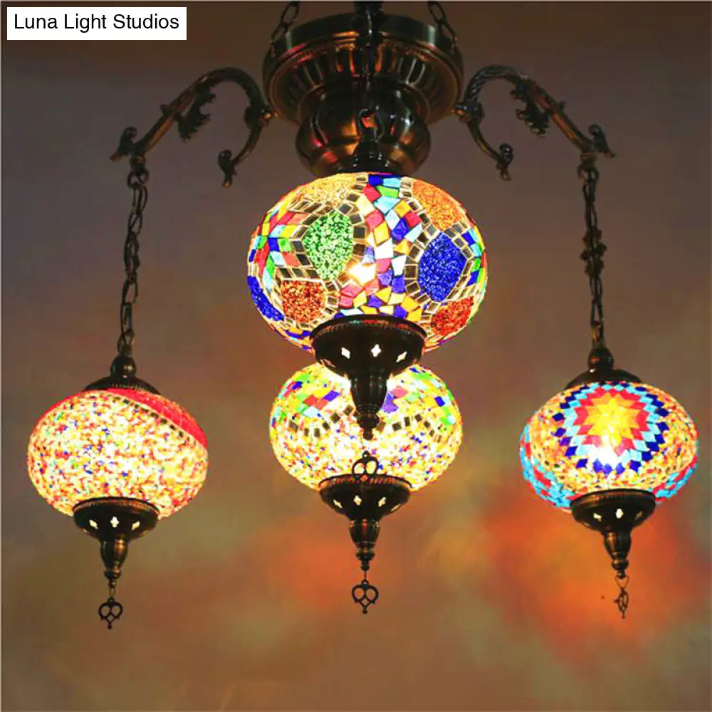 Colorful Glass Lantern Chandelier With Hanging Suspension - 4 Bulb Brass Light For Living Room