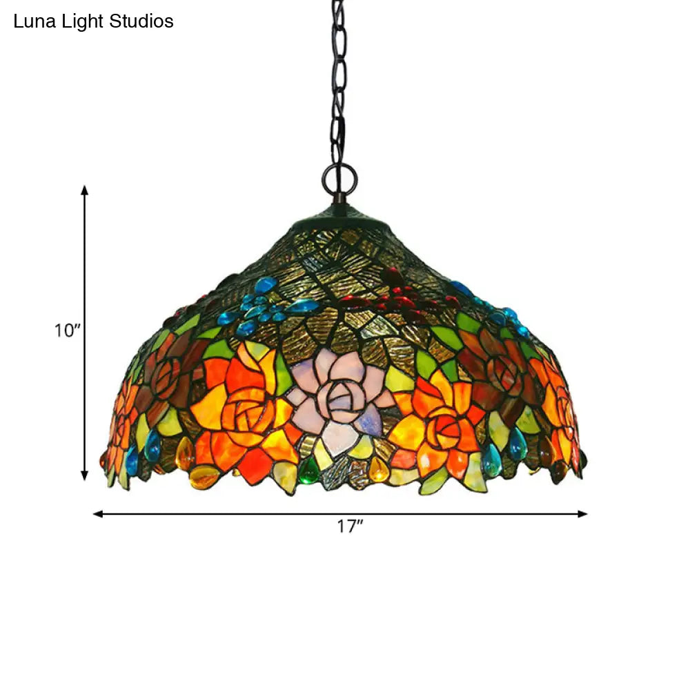 Colorful Petal Glass Chandelier Light Fixture - 3-Light Bronze Suspension Lighting For Dining Room