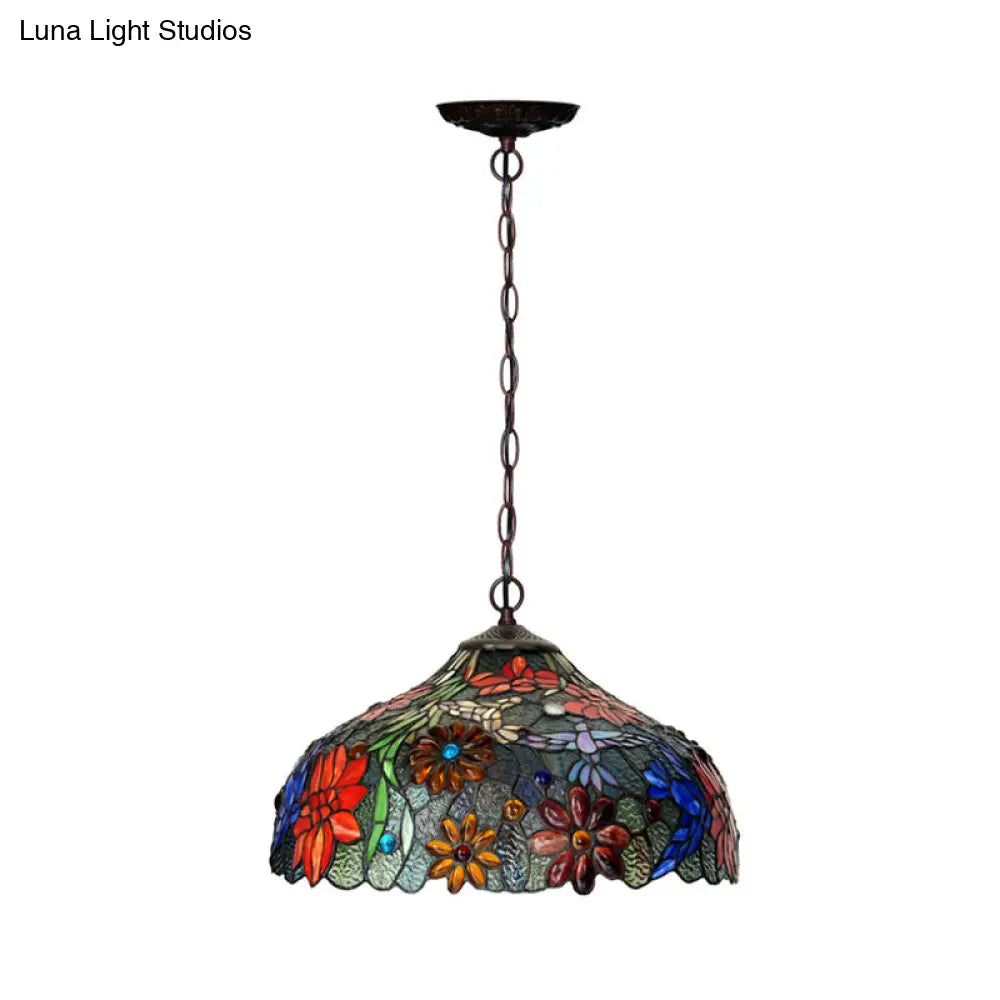 Colorful Petal Glass Chandelier Light Fixture - 3-Light Bronze Suspension Lighting For Dining Room