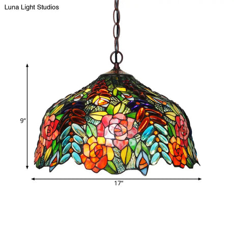 Colorful Petal Glass Chandelier Light Fixture - 3-Light Bronze Suspension Lighting For Dining Room