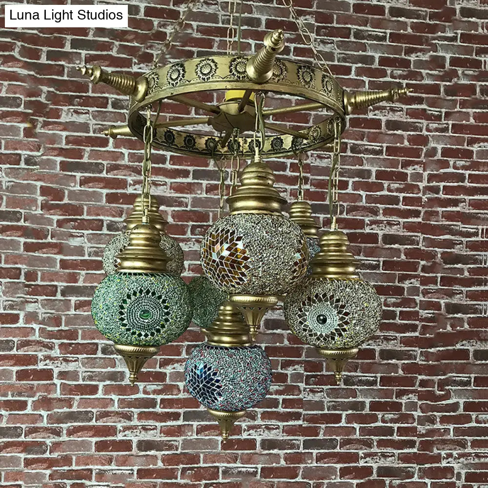 Colorful Retro Glass Globe Ceiling Chandelier - Bronze Pendant Lighting For Living Room