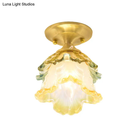 Colorful Ruffle Bloom Glass Ceiling Light With Brass Flush Mount
