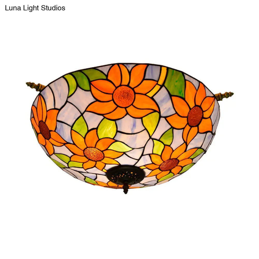 Colorful Stained Glass Flower Ceiling Fixture With 5 Tiffany Style Lights - Pink/Yellow/Blue Semi